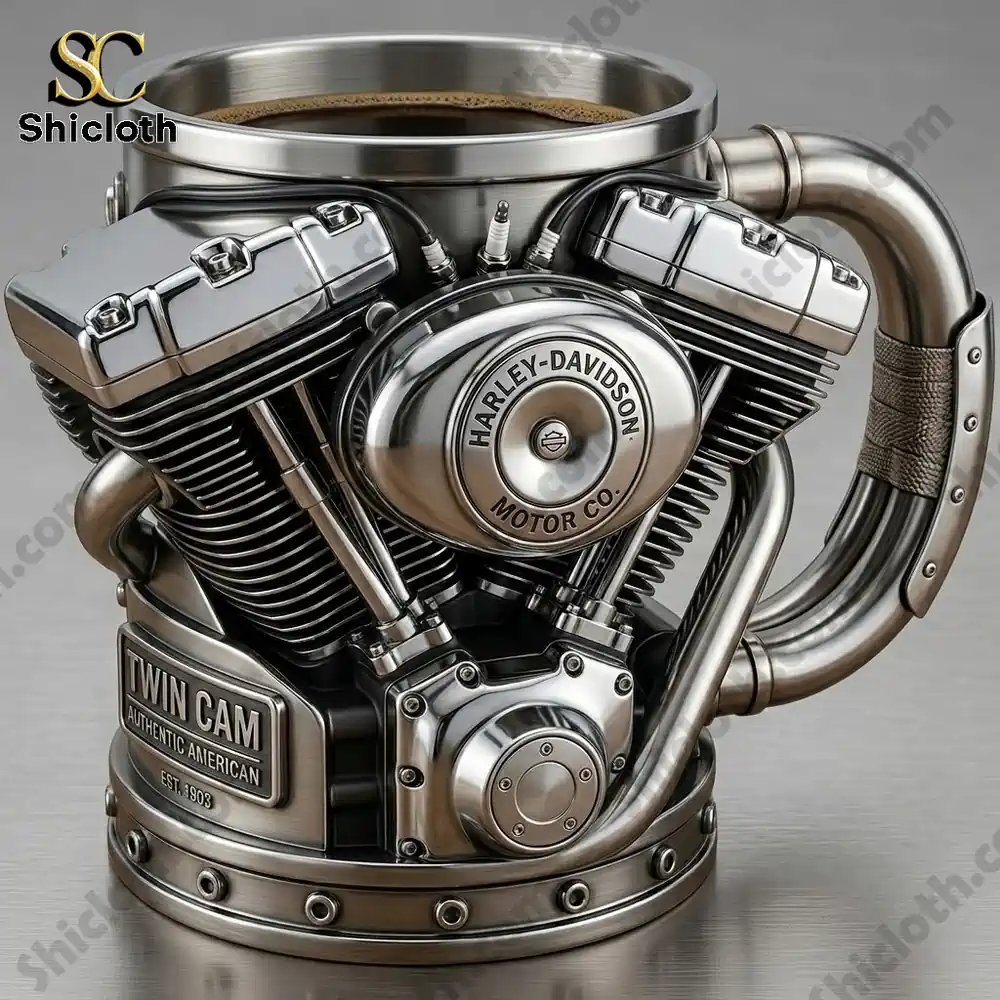 Detailed motorcycle engine design coffee mug on clean background!