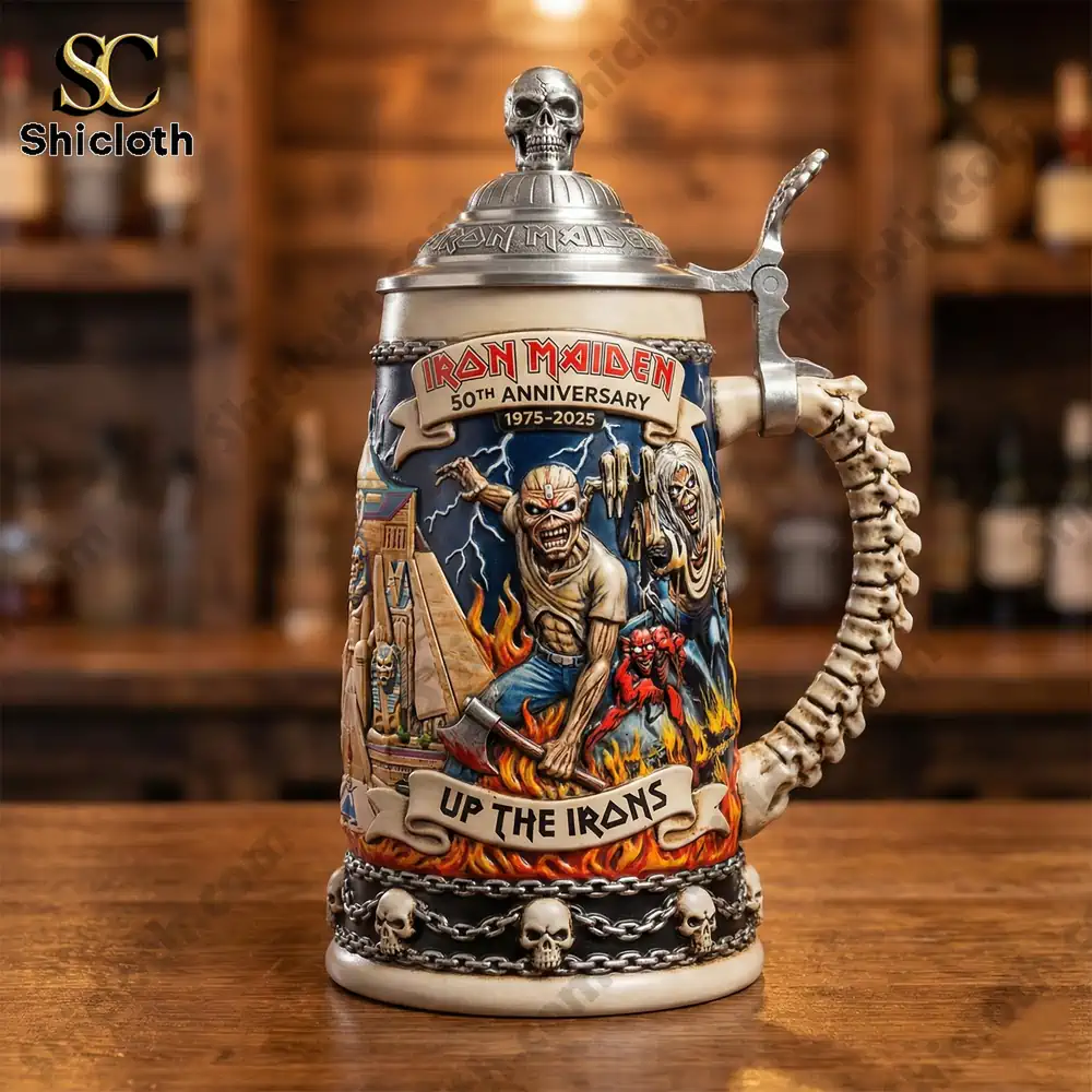 Close up Iron Maiden anniversary beer stein with skull lid