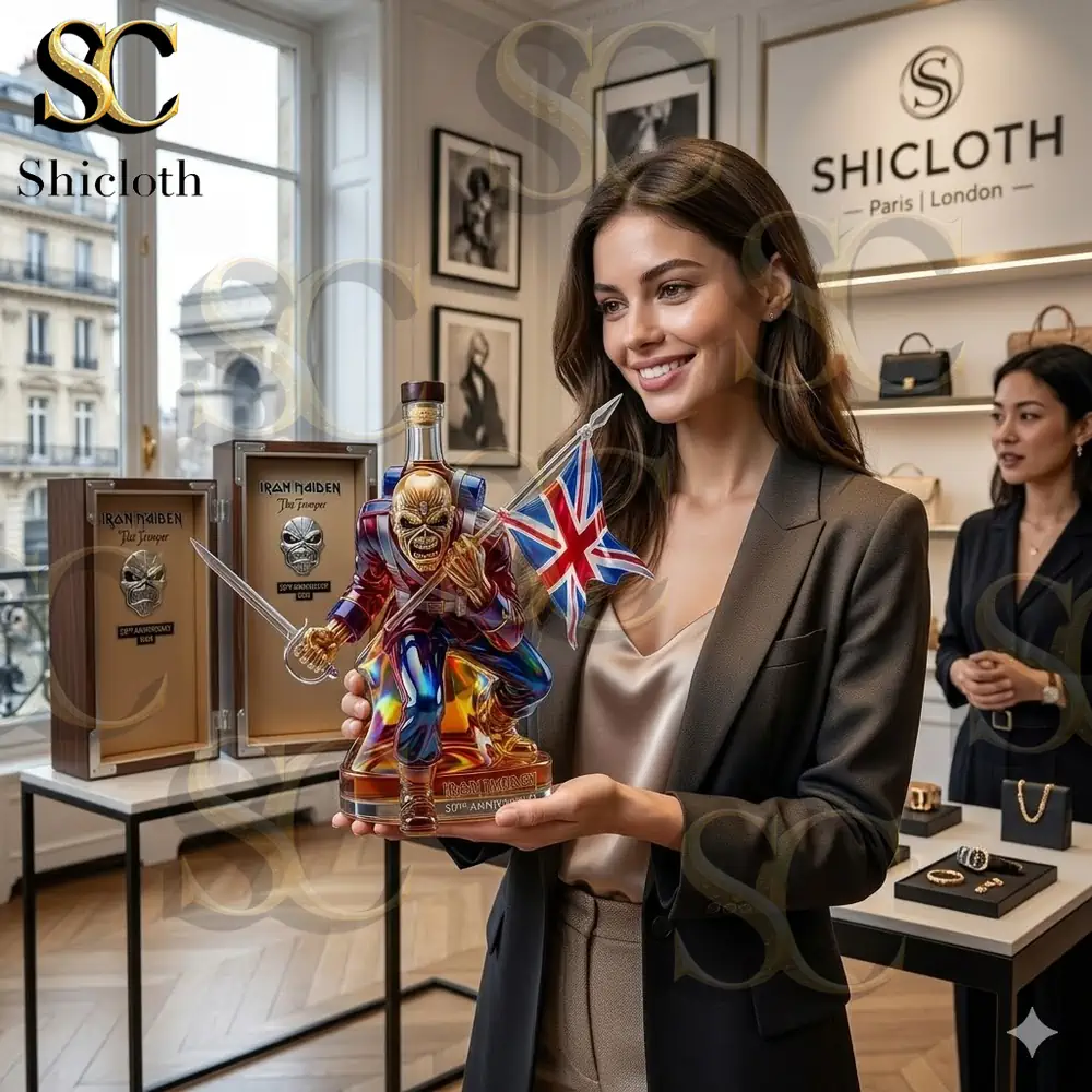 Woman holding Iron Maiden trooper rum collector bottle inside Shicloth store!
