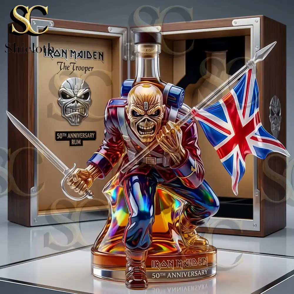 Close up Iron Maiden trooper rum fifty anniversary collector bottle with British flag!