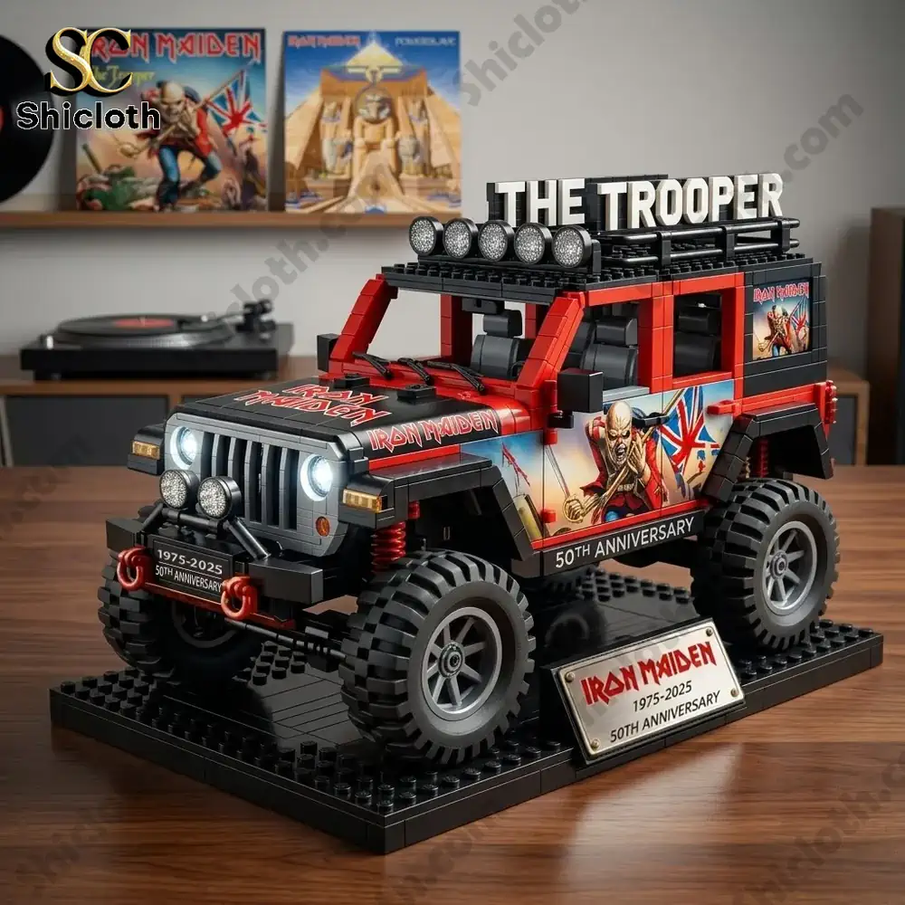 Iron Maiden jeep building block model on table with music background