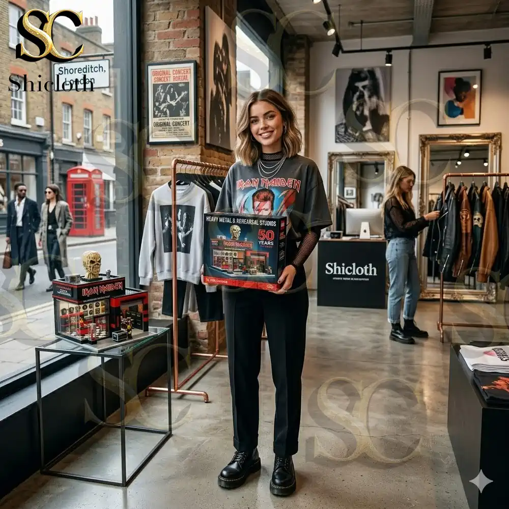 Woman holding Iron Maiden building block set inside Shicloth shop!