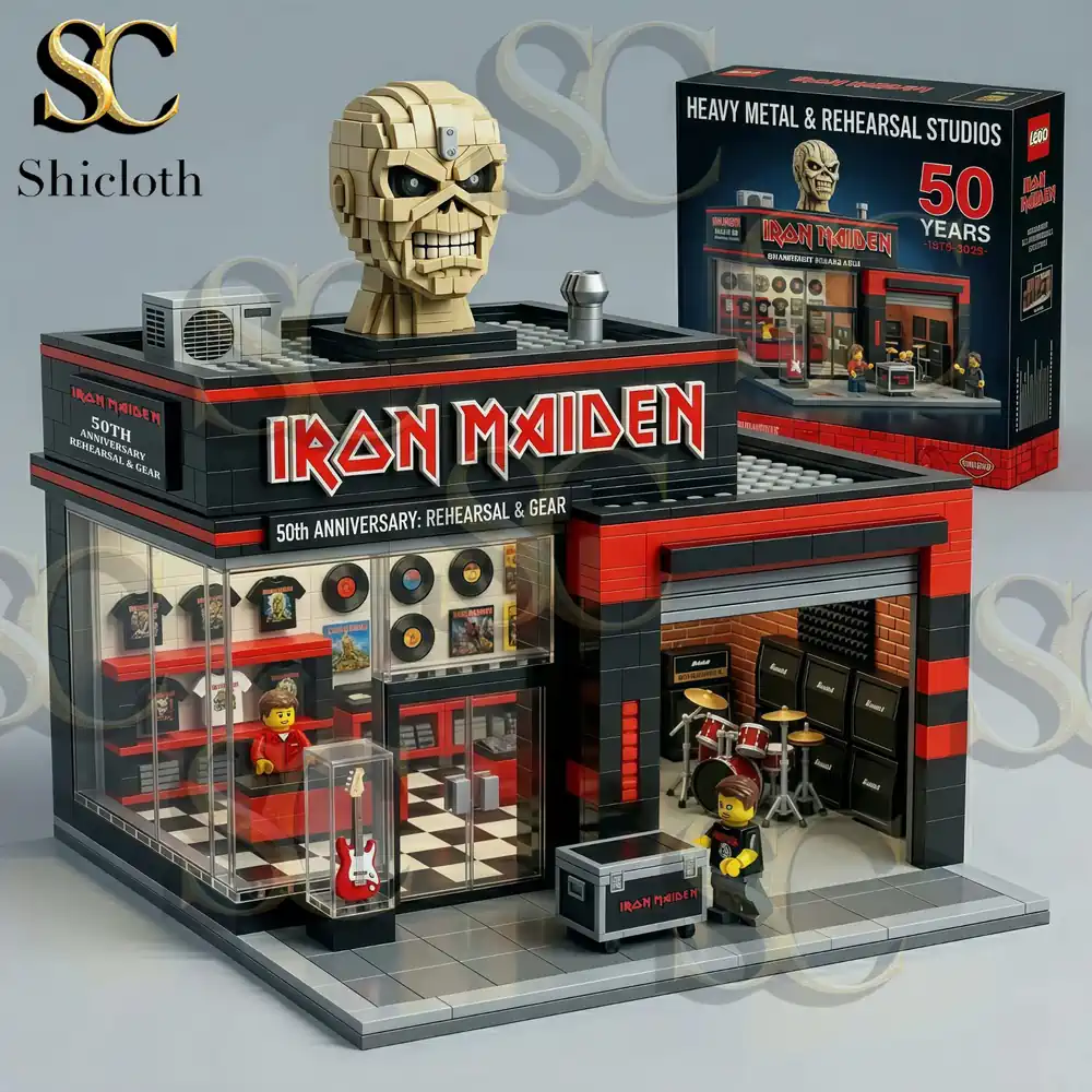 A stylish woman stands inside a modern Shicloth store holding an Iron Maiden themed building block set while other items are displayed around her creating a vibrant retail atmosphere that highlights music inspired collectibles and lifestyle fashion!