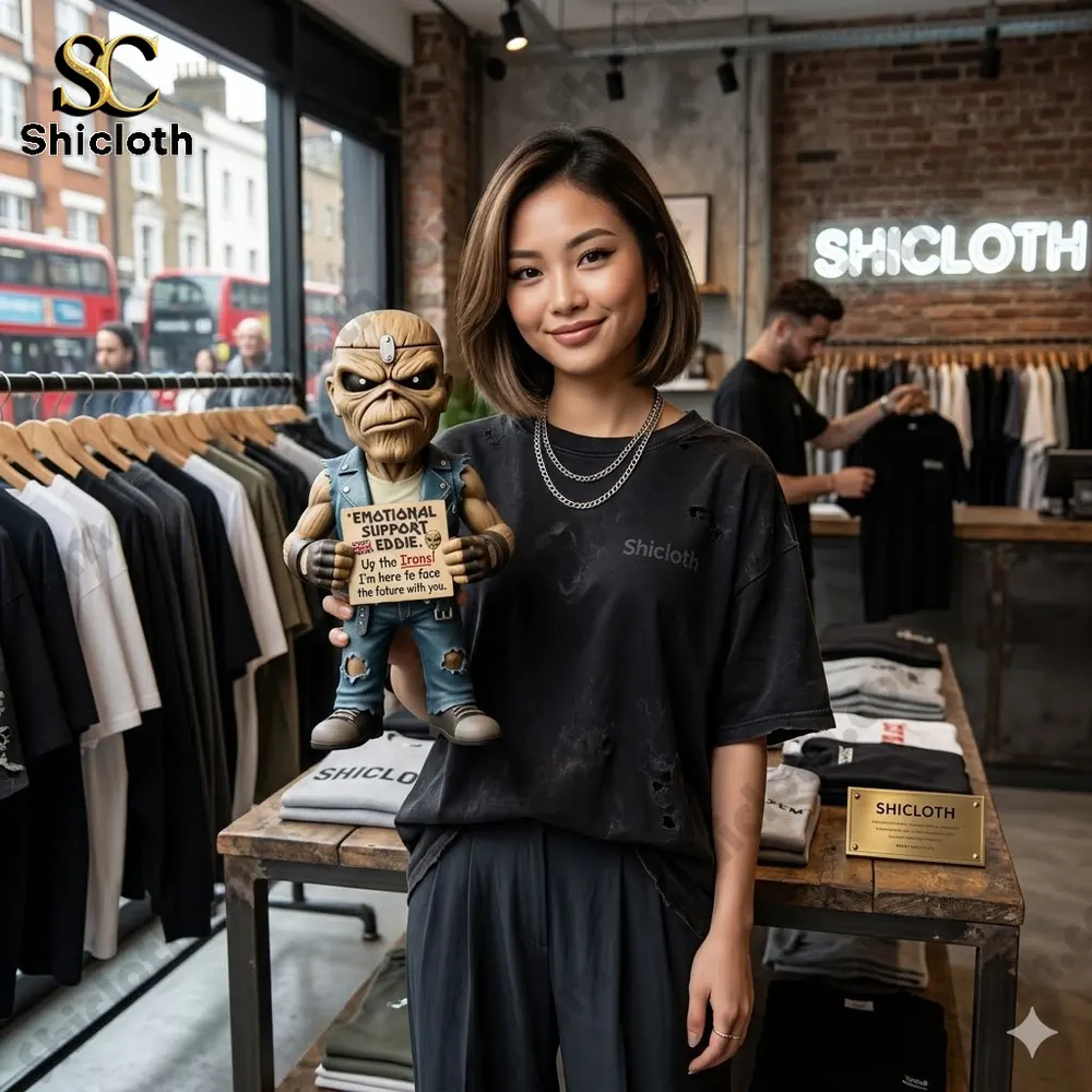 Woman holding Eddie figure in clothing store
