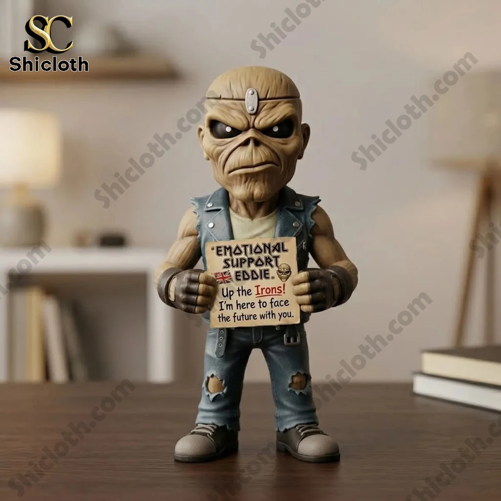 Front view of Eddie figure holding sign