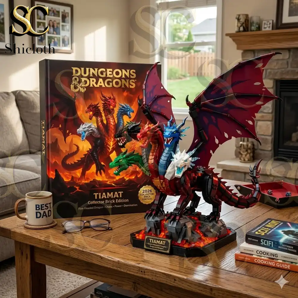 Five headed dragon model with colorful heads on a display base beside product box