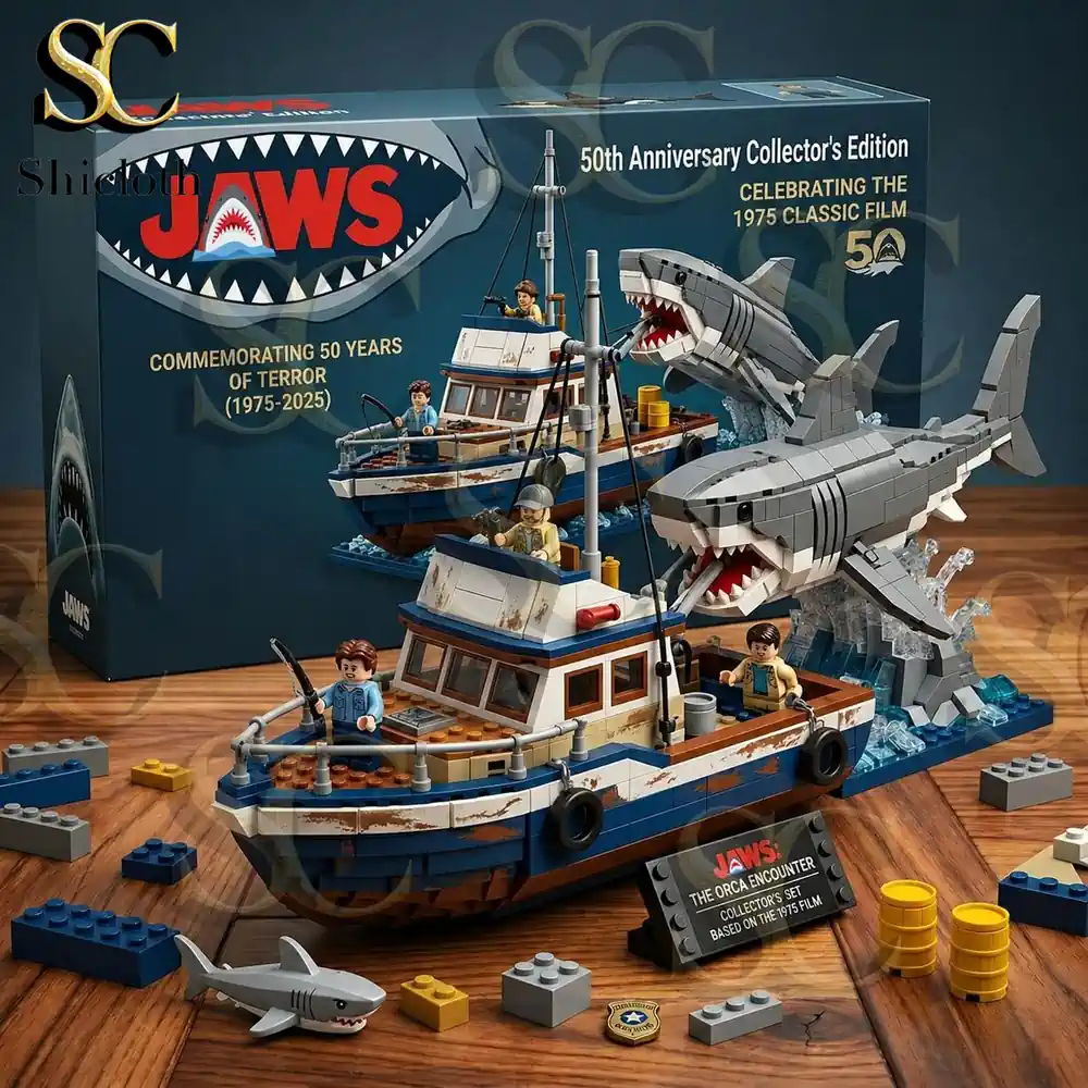 jaws orca encounter building set with box and shark model on table