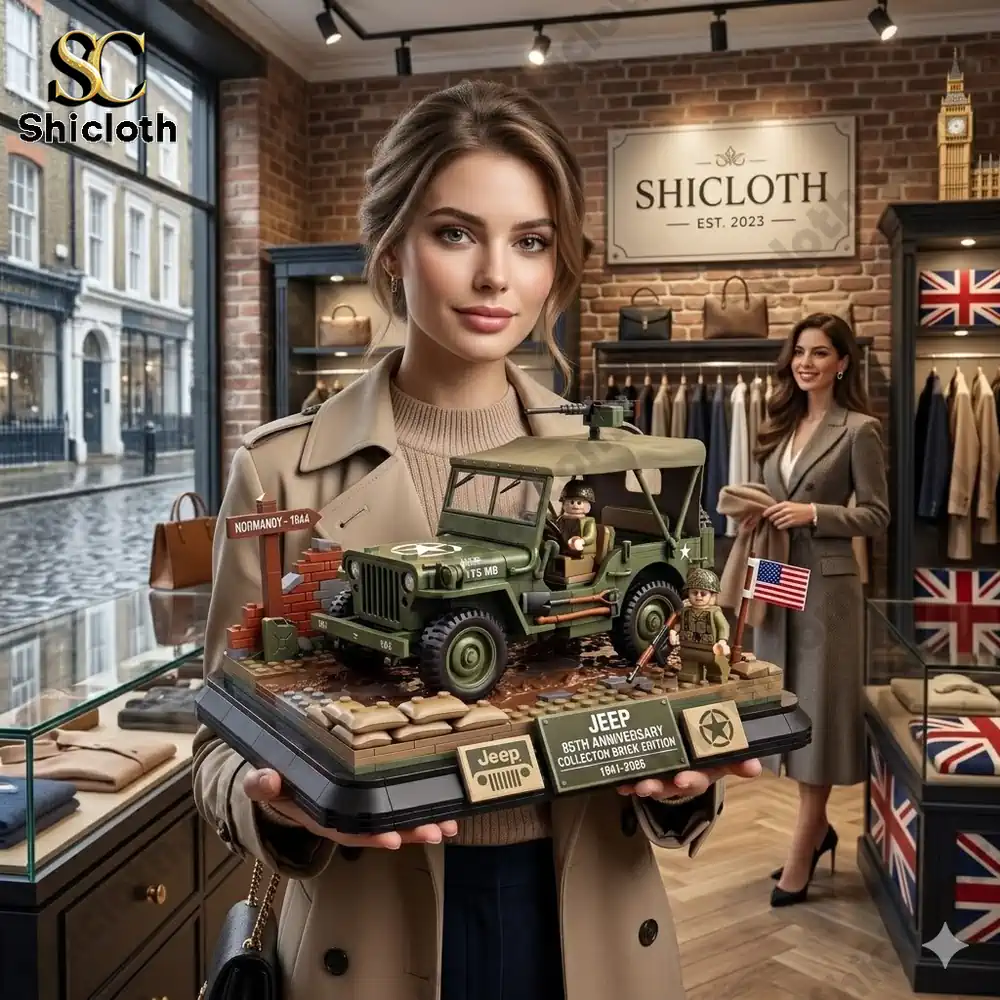 Woman holding a detailed jeep brick model inside a fashion store!