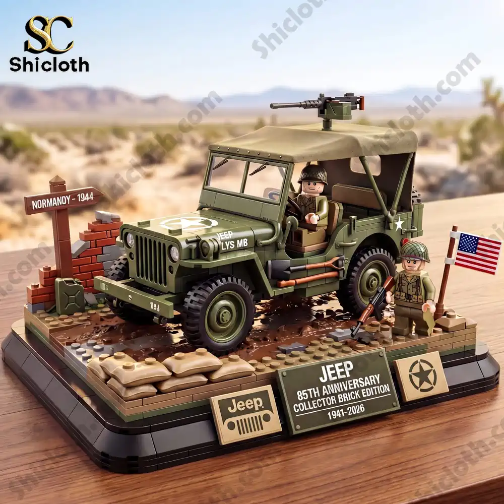 Detailed jeep brick model with soldiers and flag on a desert style base!