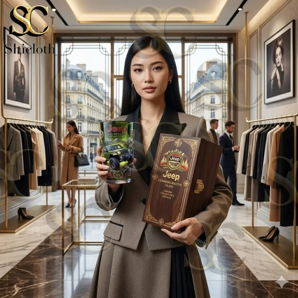 A glamorous woman presenting a unique Jeep commemorative glass and wooden box within a luxury clothing boutique environment.