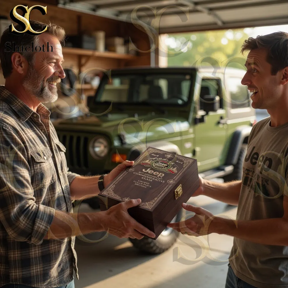 Two excited men exchanging a special wooden box set in a well-equipped home garage.