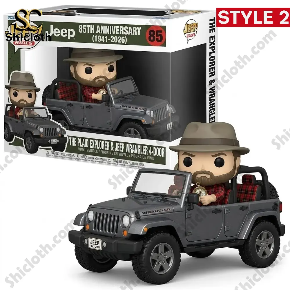 Jeep 85th Anniversary Commemorative Pop! Figure 3 Gray jeep toy with explorer figure wearing hat displayed with packaging