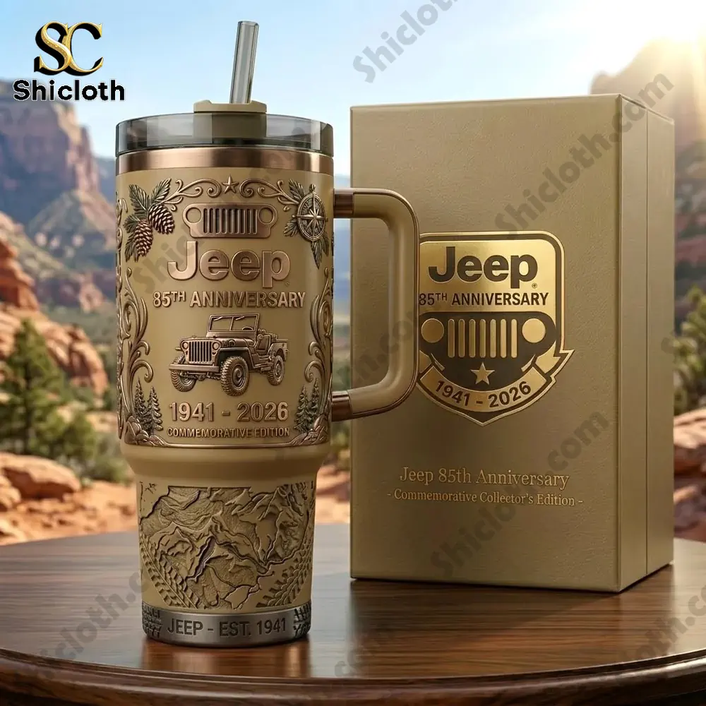 Jeep anniversary tumbler with box displayed outdoors