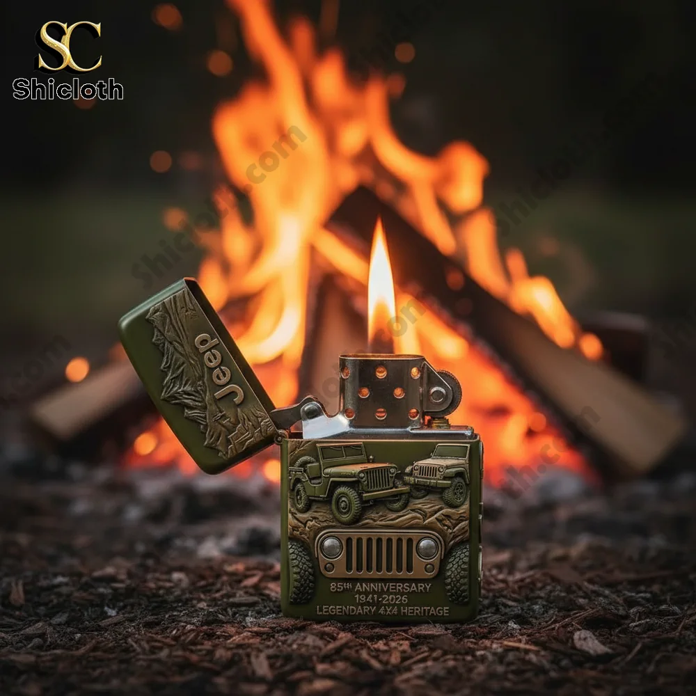 Jeep 85th Anniversary 3D Zippo Lighter 3 Jeep lighter burning flame in front of a campfire