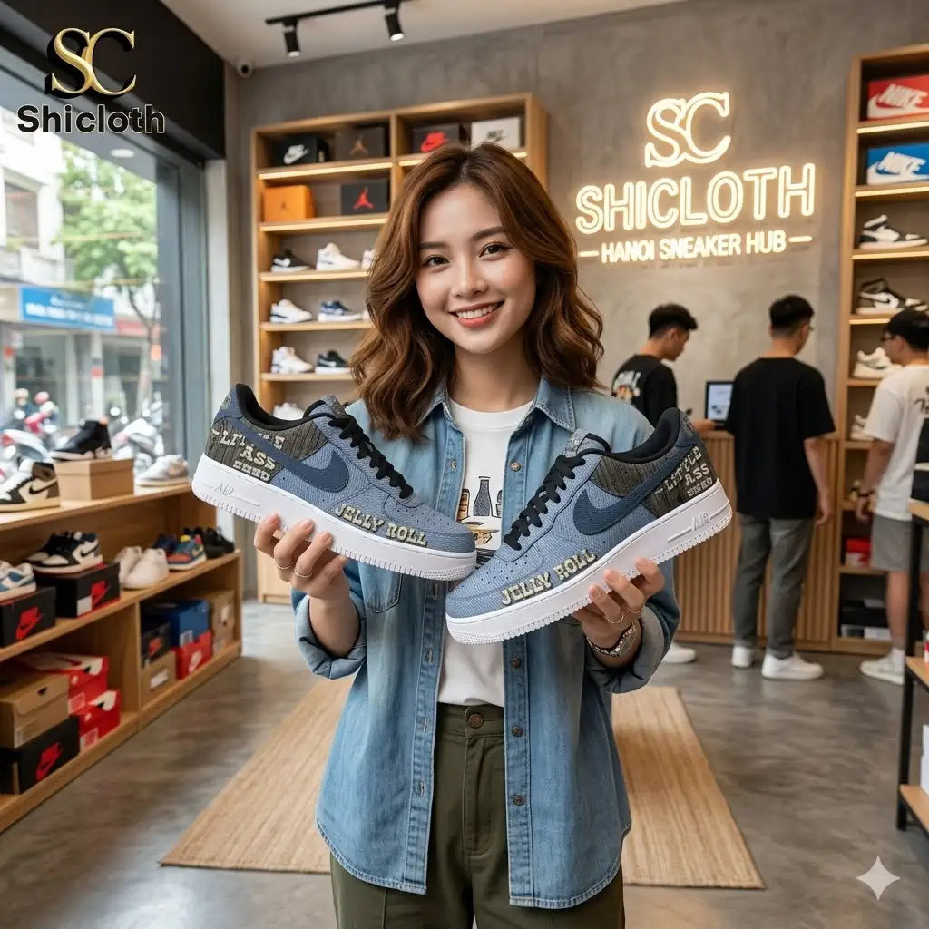 Woman holding blue sneakers inside Shicloth Hanoi sneaker store