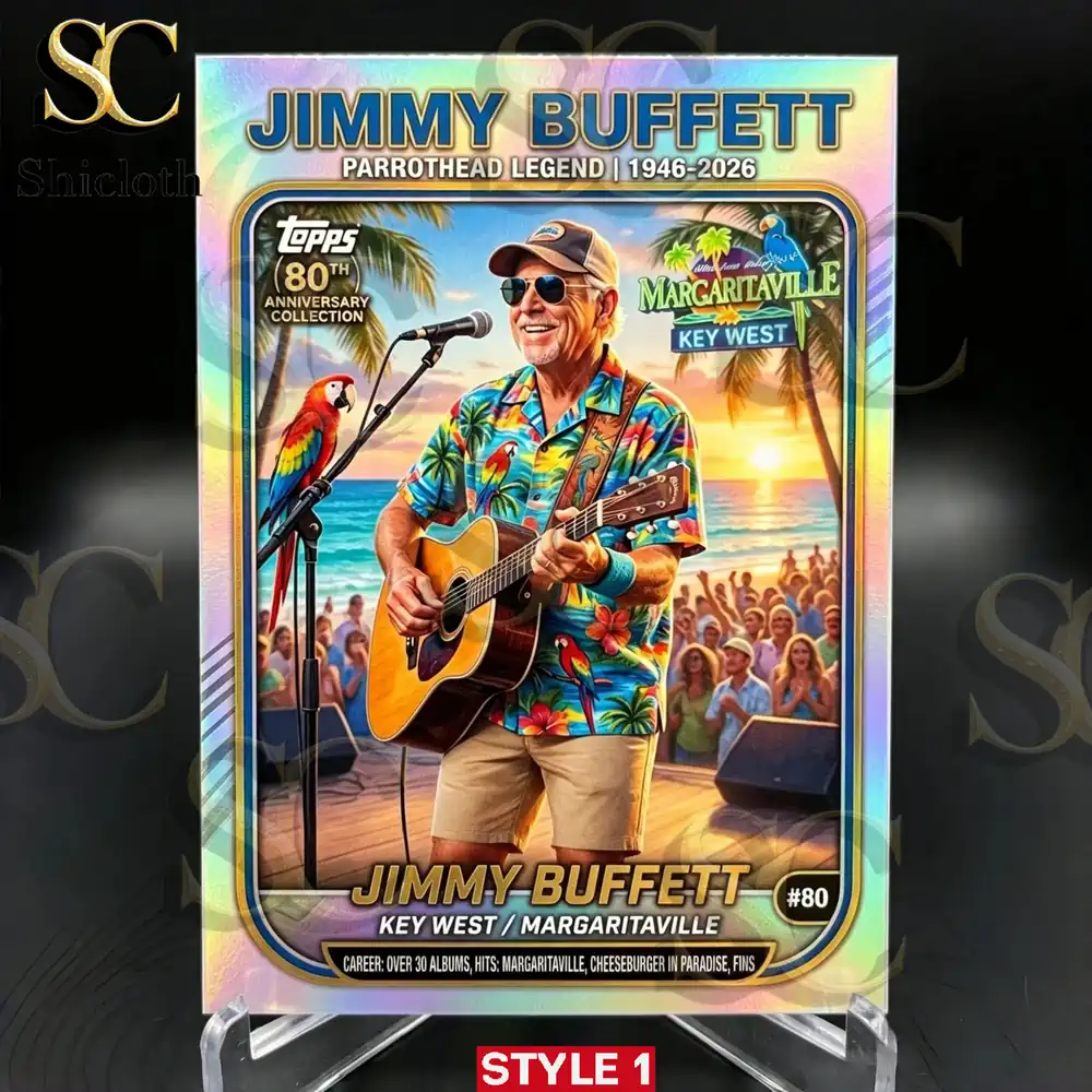 A holographic Jimmy Buffett trading card on a clear stand!