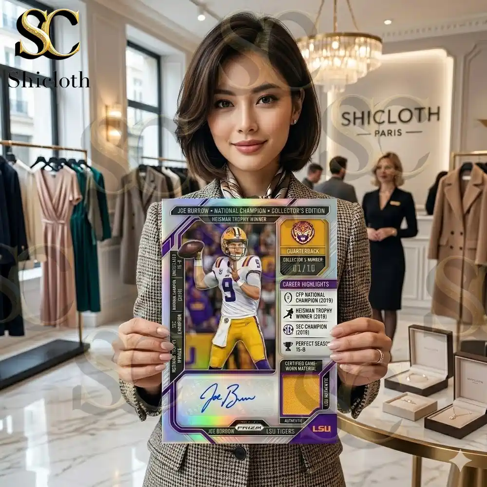 A woman holding a Joe Burrow LSU Tigers National Champion collectors trading card inside a Shicloth fashion boutique in Paris.