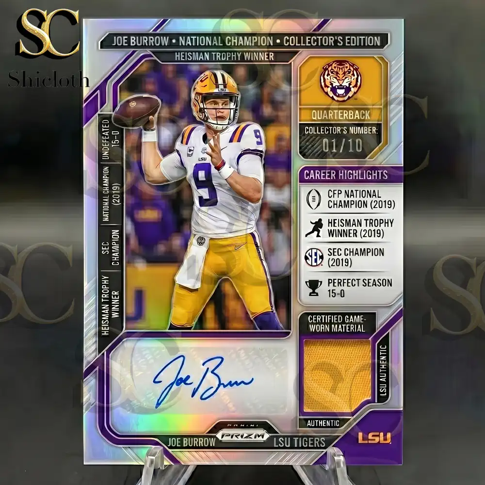 A close up shot of a Joe Burrow LSU Tigers National Champion collector card featuring career highlights and an autograph.