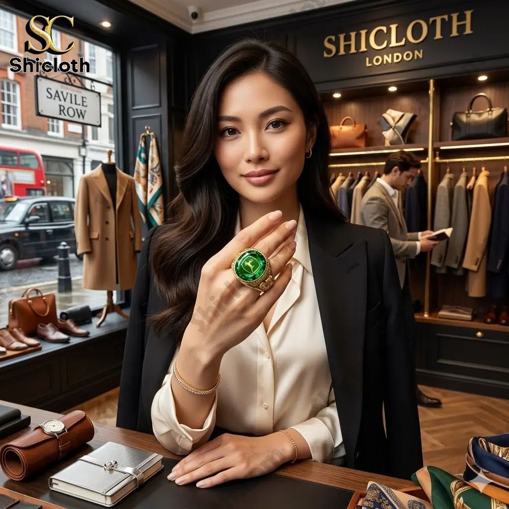 Woman wearing green John Deere ring in luxury clothing store!