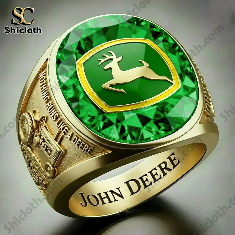 Close up green John Deere ring with gold details!