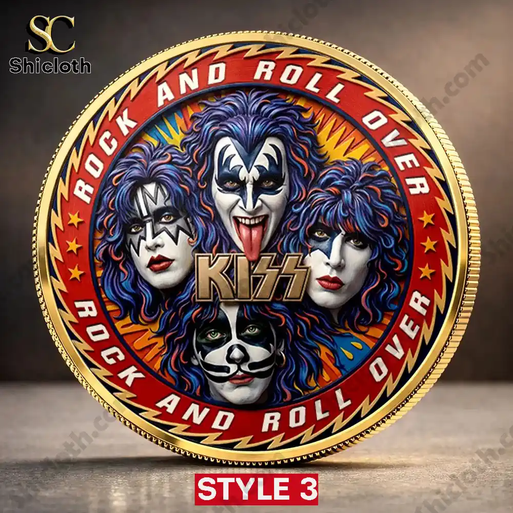 KISS Rock and Roll Over Commemorative Coin 3 Kiss band commemorative coin with gold border displayed upright!