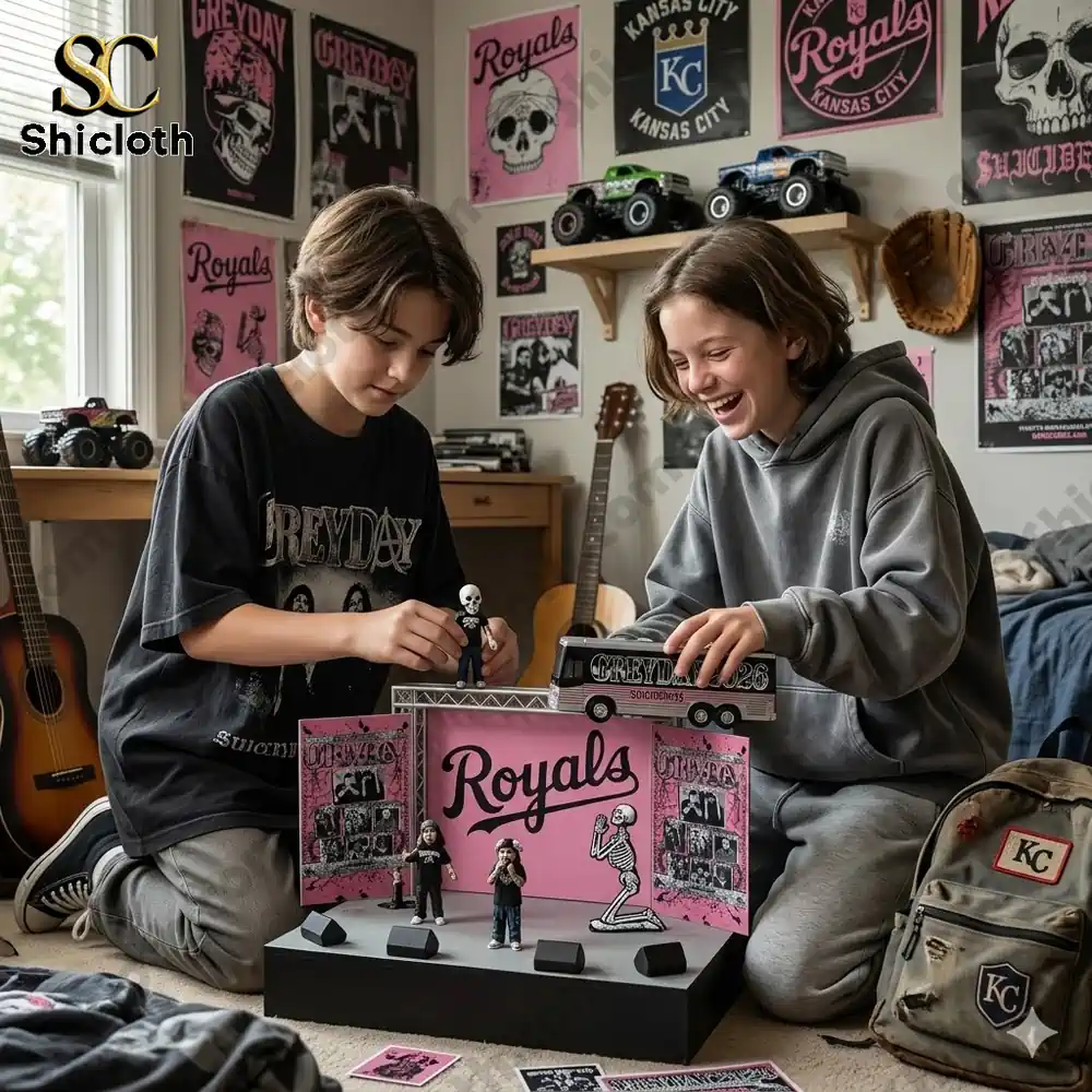 Two kids playing with Greyday Royals themed toy set in a bedroom!