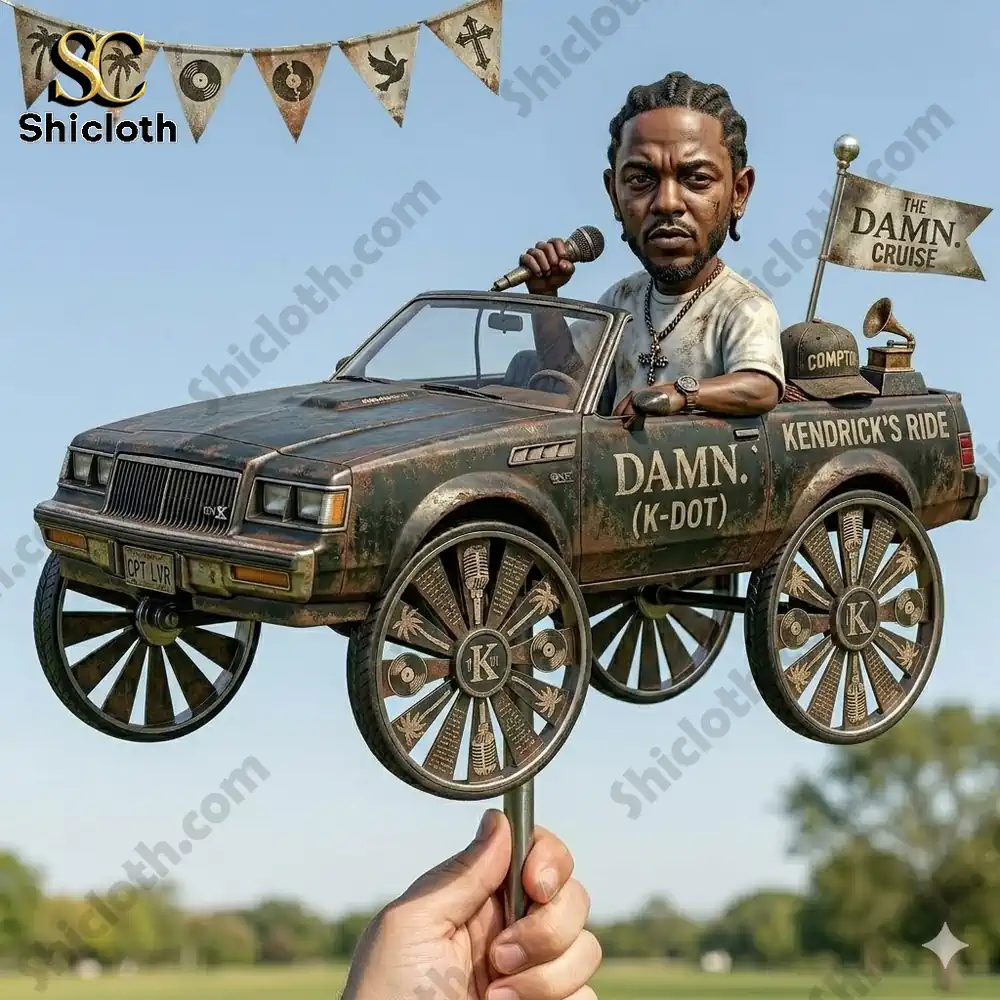 cartoon style rapper figure driving vintage car garden decoration