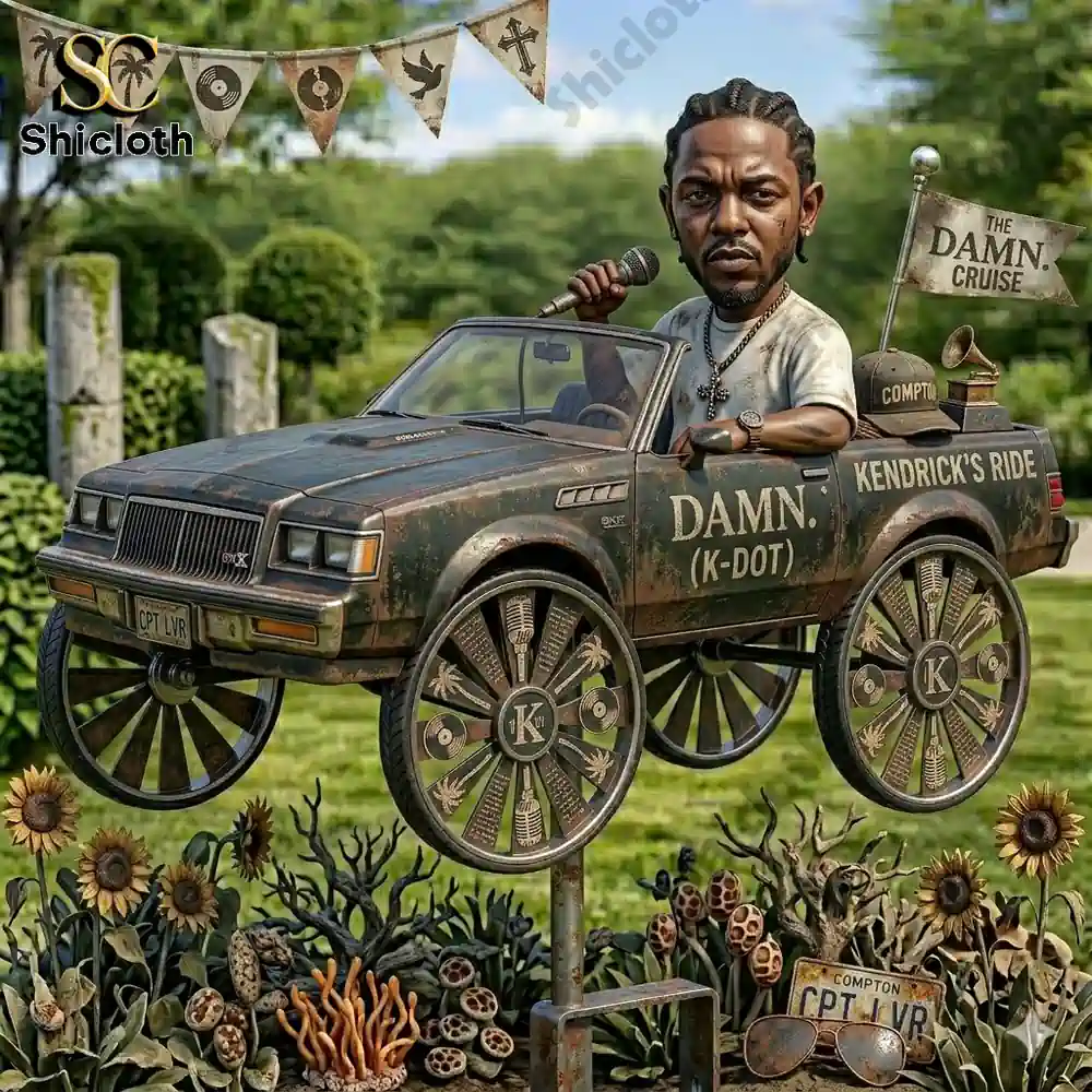 rapper themed garden spinner with vintage car among flowers and greenery