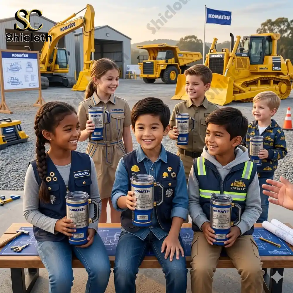 Children holding Komatsu engineering tumbler at construction site!