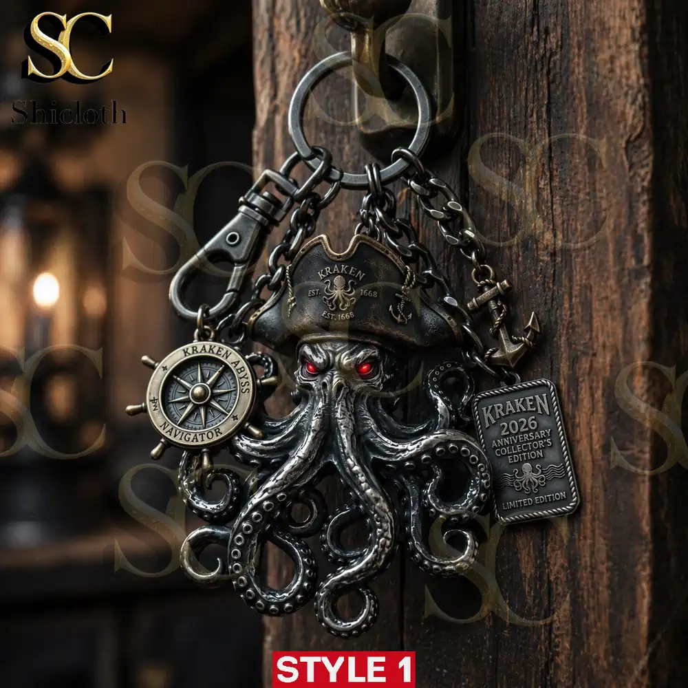 Kraken pirate keychain hanging on wooden door