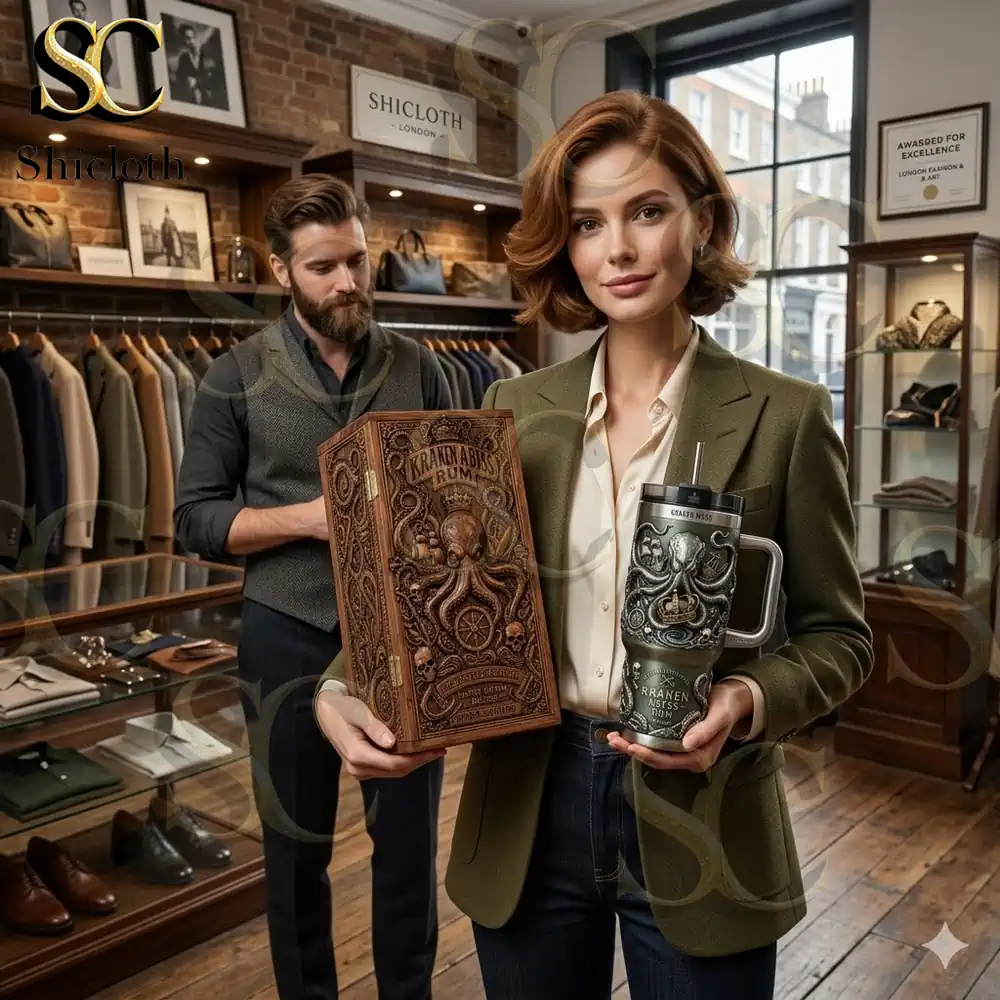 Woman holding Kraken Abyss rum box and insulated tumbler in boutique!