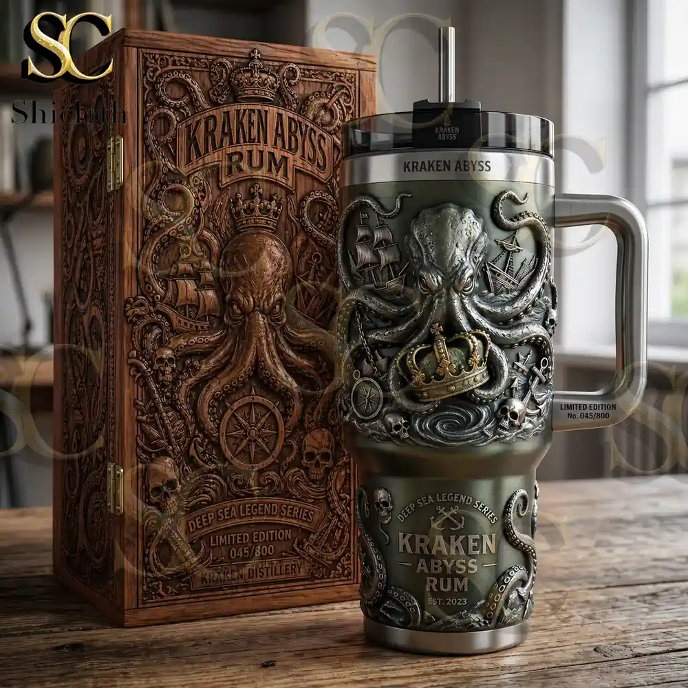 Kraken Abyss rum tumbler with detailed box on wooden table!