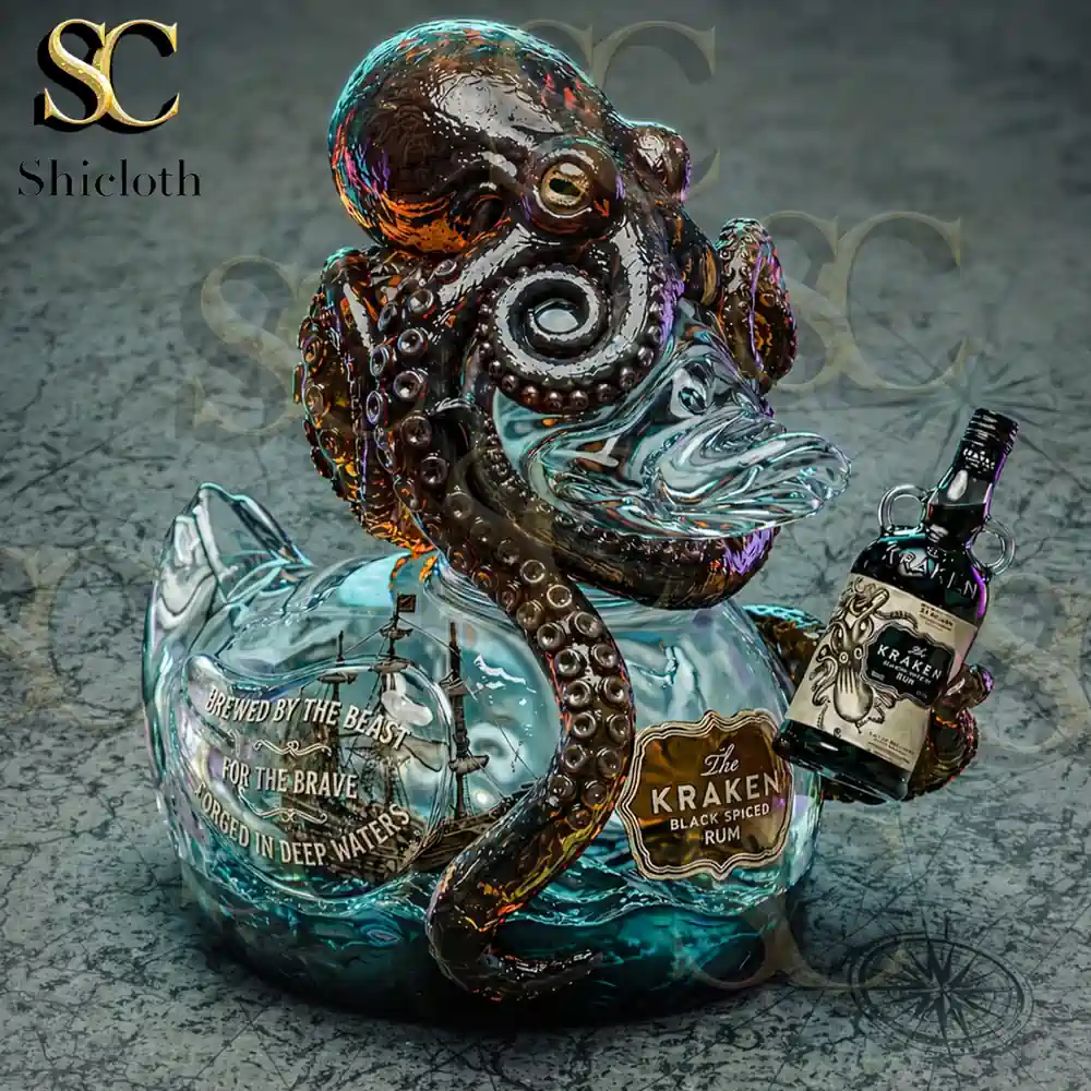Resin duck with octopus tentacles holding a Kraken rum bottle