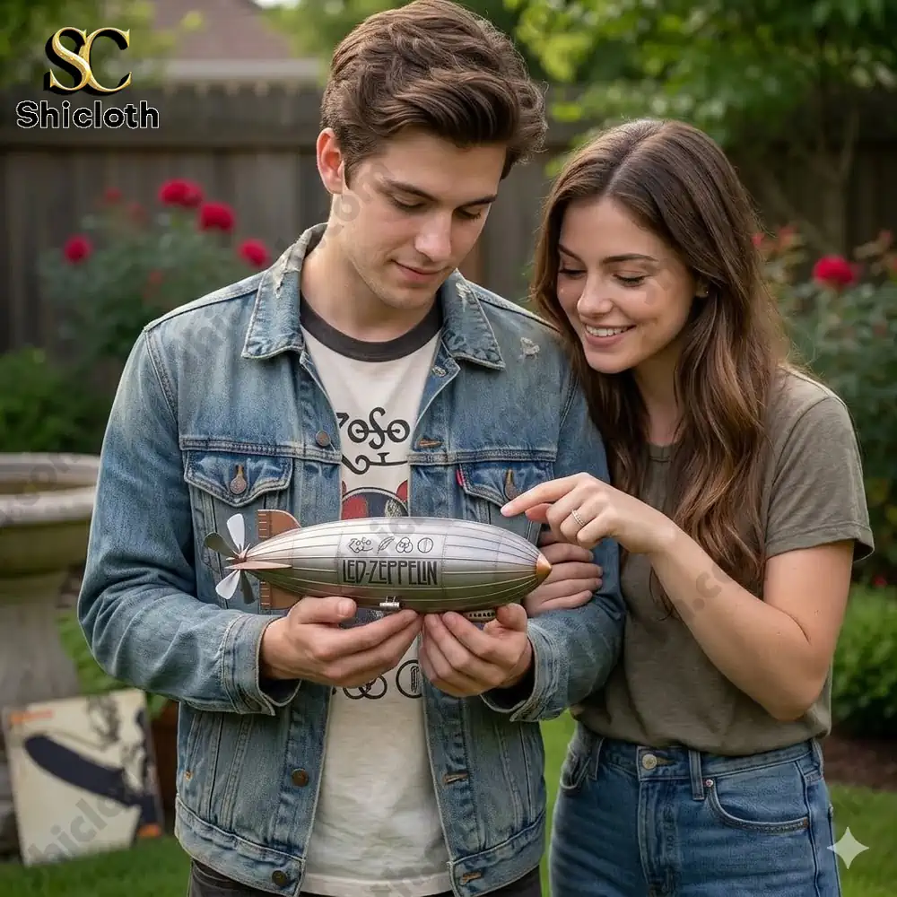 couple holding led zeppelin airship model in garden