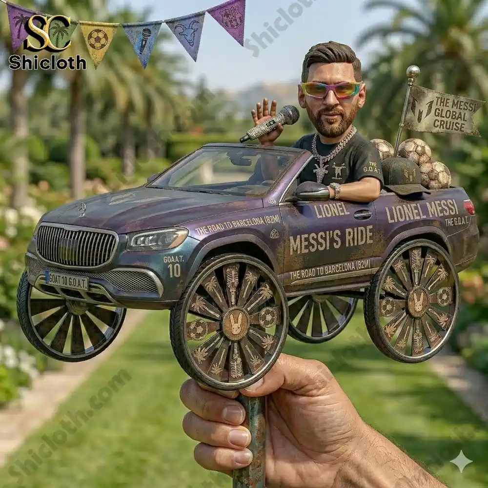 Artistic figure driving decorated car with football theme garden spinner