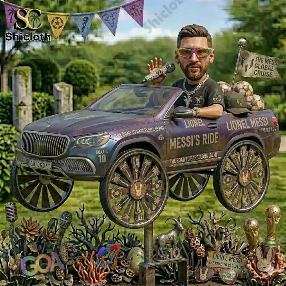 Decorated football themed car sculpture with detailed base and trophies