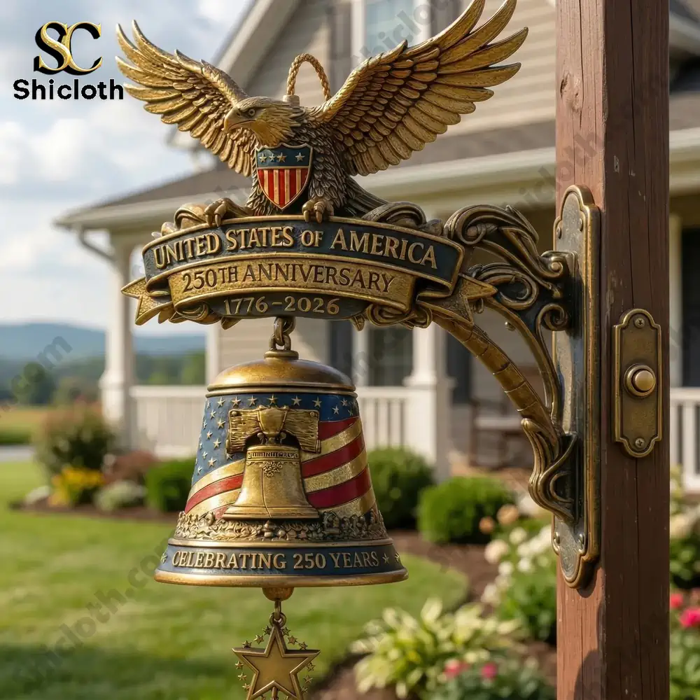 eagle bell celebrating united states 250th anniversary on house porch