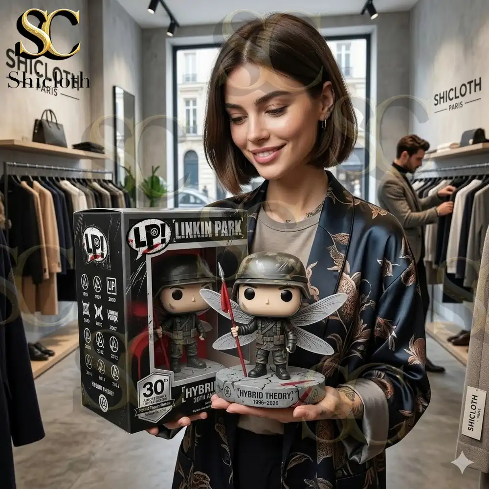 Woman holding Linkin Park hybrid theory anniversary figure in shop!