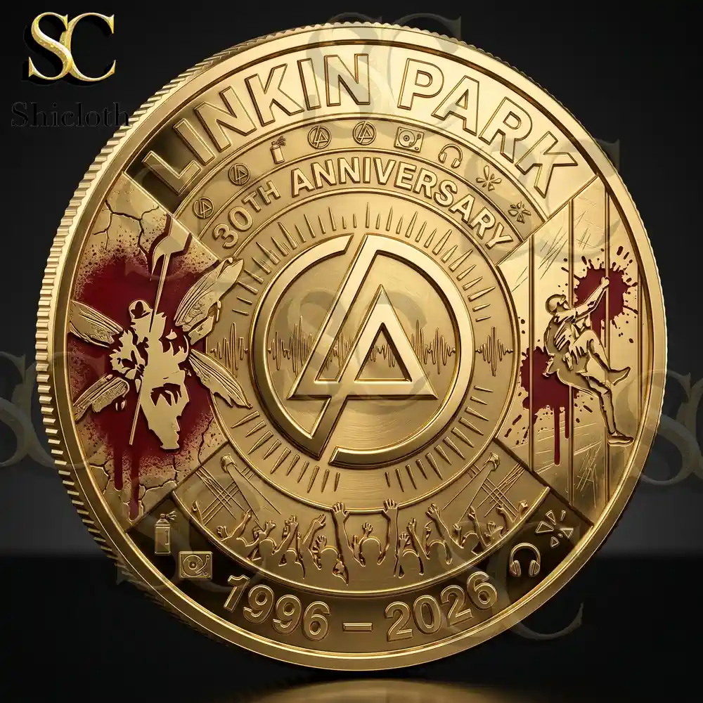 Close up of Linkin Park anniversary coin with logo design
