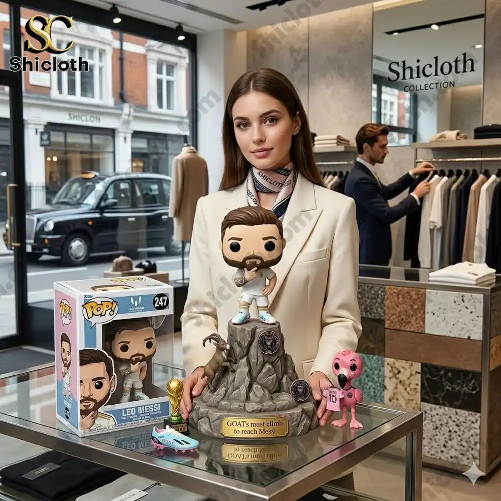 Chibi Messi figure on rocky base displayed in fashion store