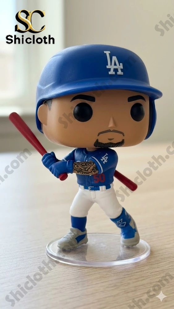 blue uniform baseball player collectible figure close up