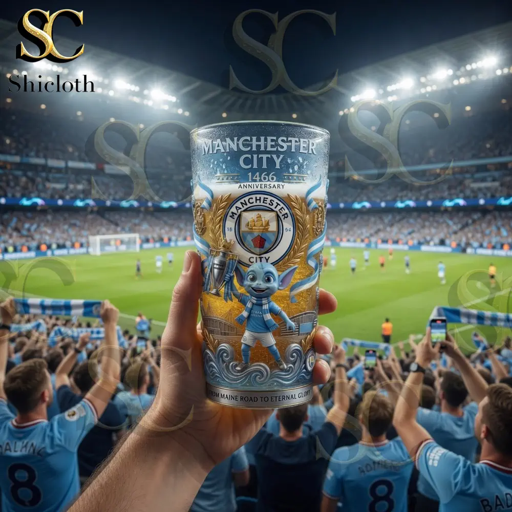 A close up of a hand holding a highly detailed Manchester City anniversary beer glass in a crowded stadium during a football match at night!