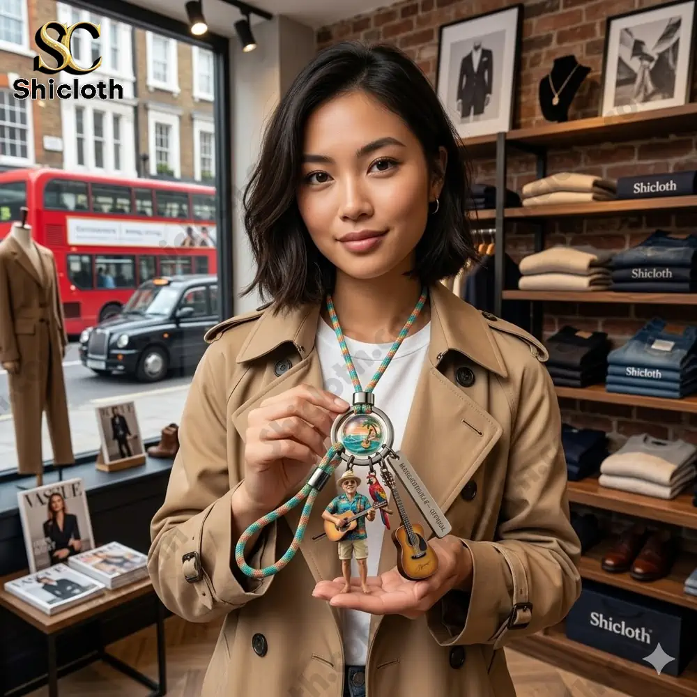 woman holding beach guitar keychain in clothing store