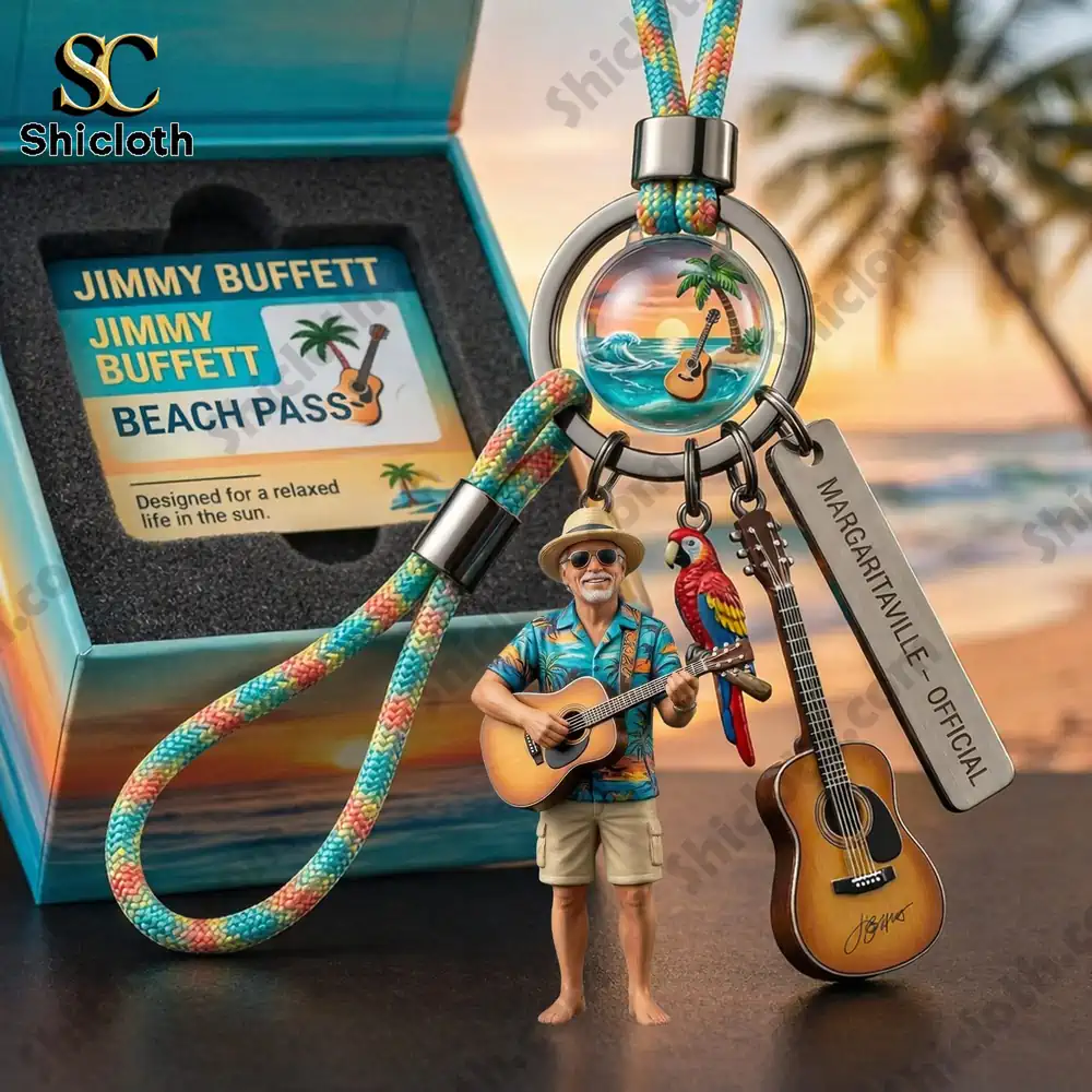 close up beach guitar keychain with tropical design and box