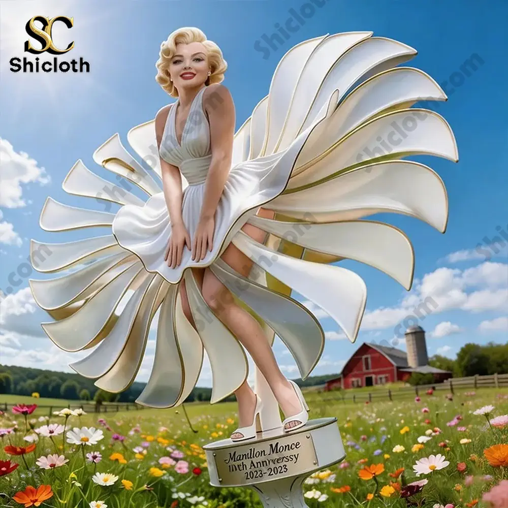 white dress statue in flower field farm background