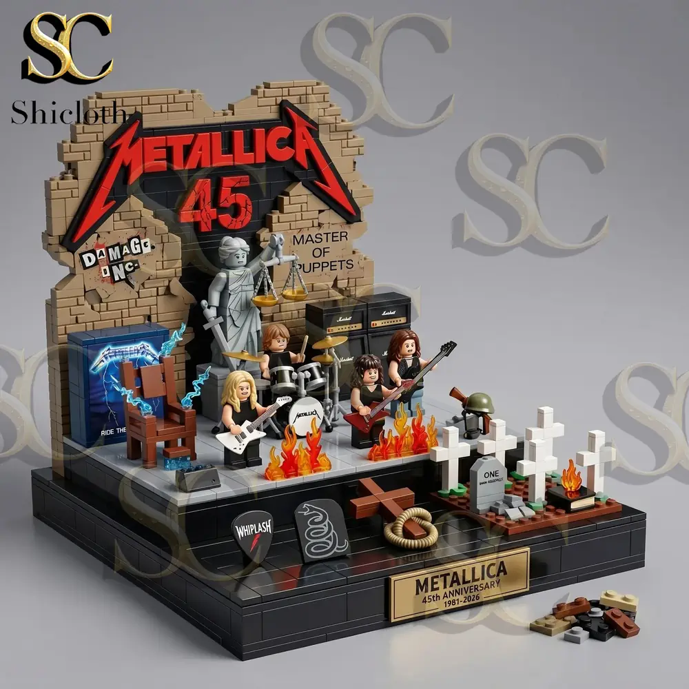 close up metallica themed building block stage with band figures and details