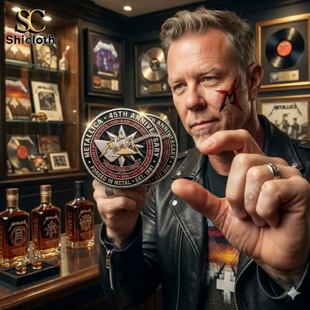 Man holding Metallica anniversary coin in display room!