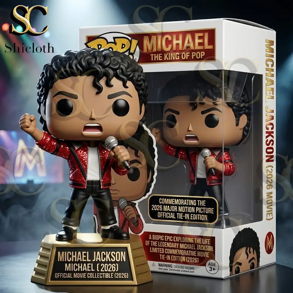 Michael Jackson style figure holding microphone with collector box on display