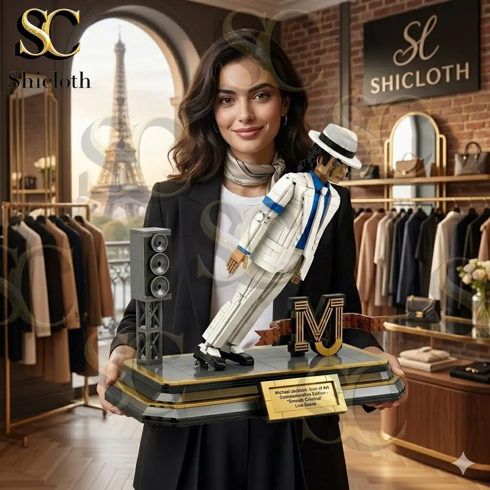 Woman holding Michael Jackson building block display in Shicloth store!