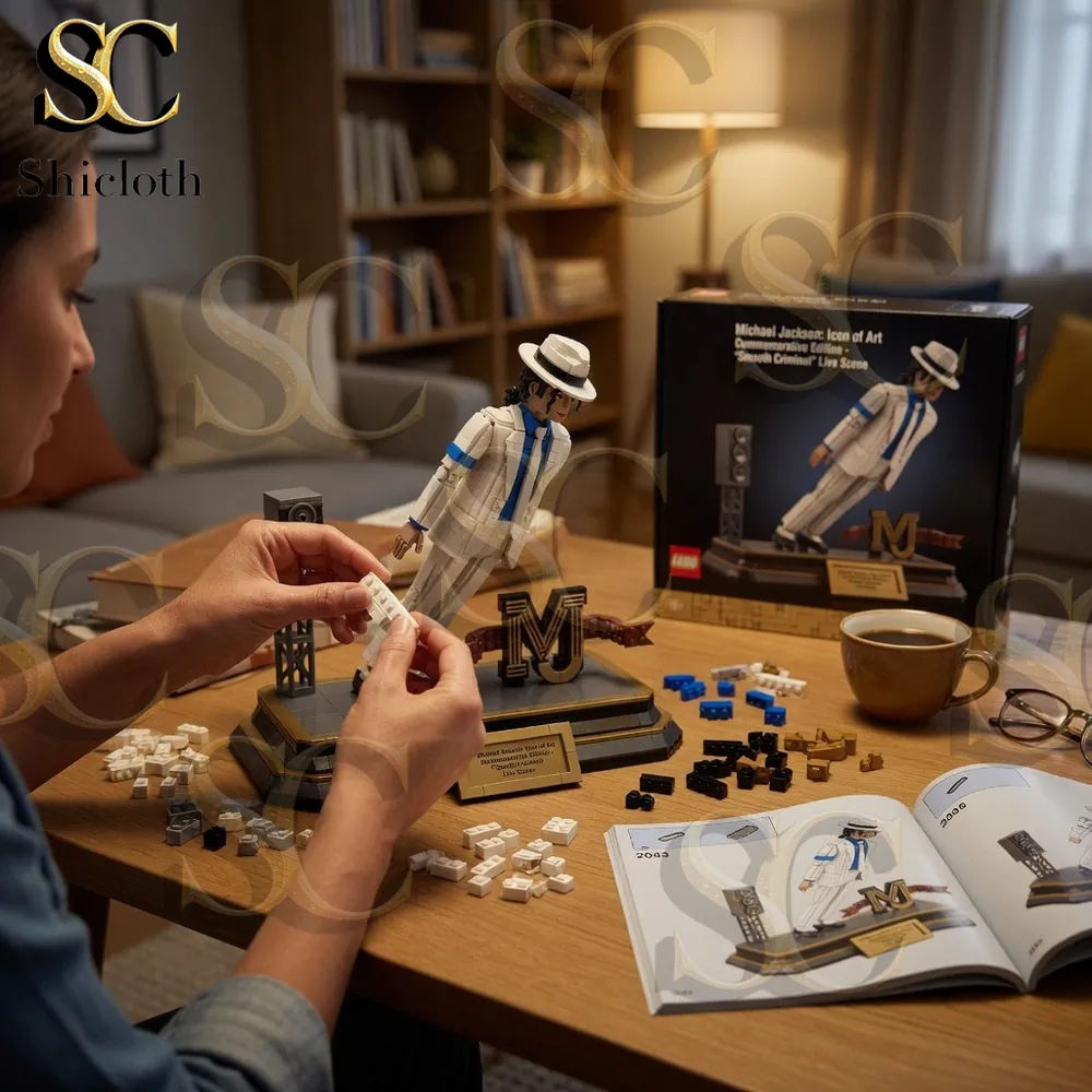 Person assembling Michael Jackson building block set on table!